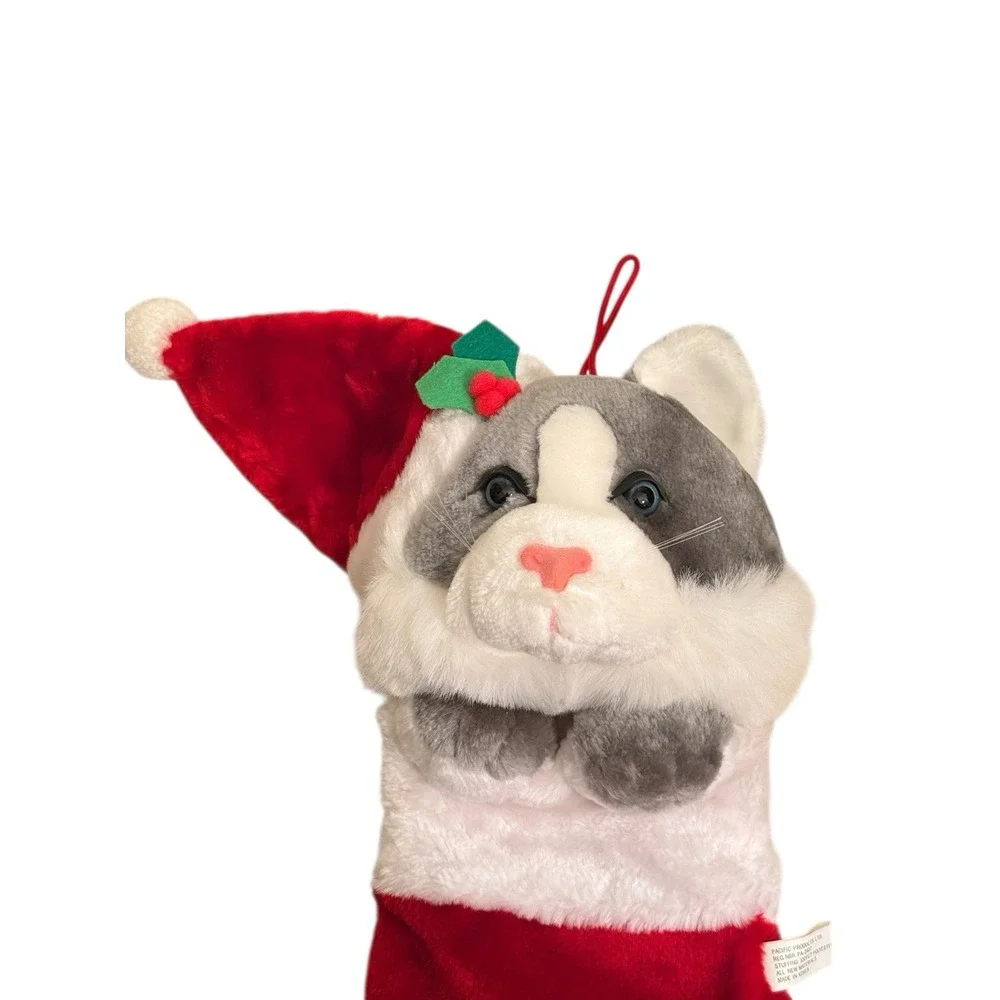 Vtg Pacific Products Ltd 3D Gray Cat Plush Red Christmas Stocking 21